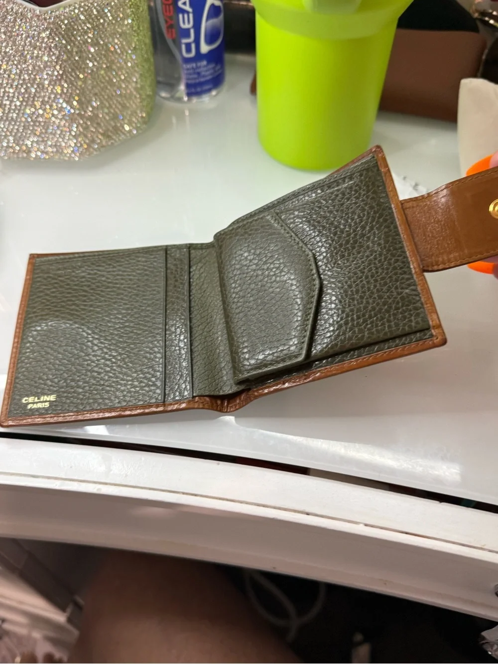 Celine Olive Green and Brown Leather Bifold Wallet with Tab VINTAGE